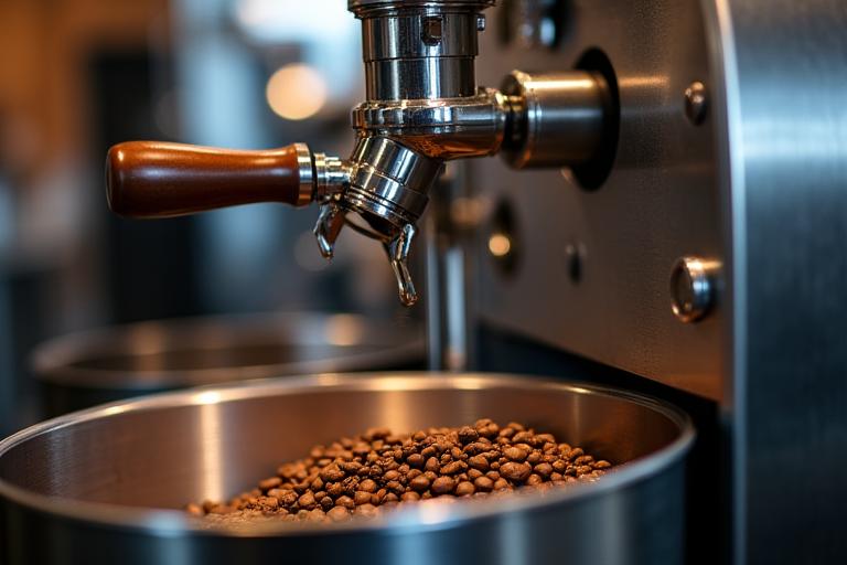 A close-up of the stainless steel coffee roasting machine at The Daily Grind & Brew.