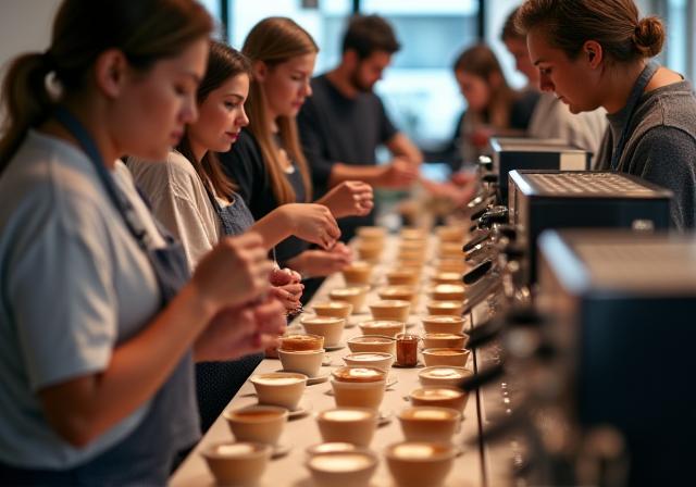 A group of people learning to make latte art in a workshop.