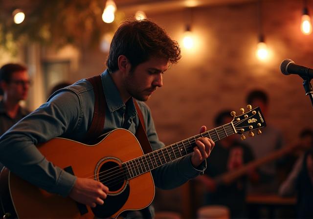 A musician playing guitar in the cozy corner of the cafe.