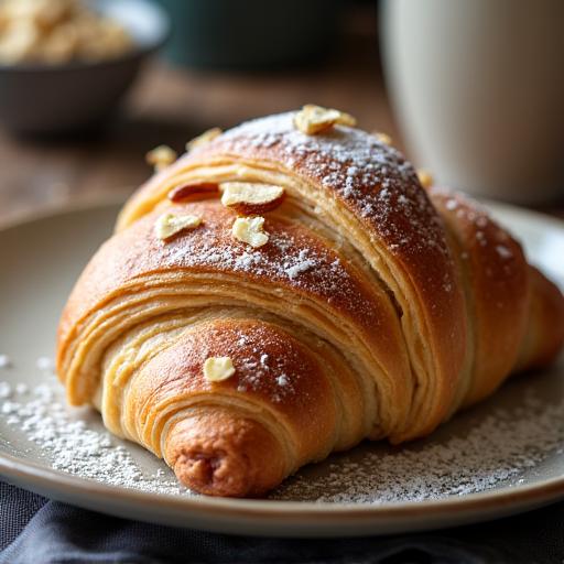 A golden-brown almond croissant on a ceramic plate.