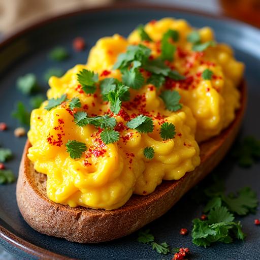 A vibrant plate of chilli scrambled eggs on sourdough toast.