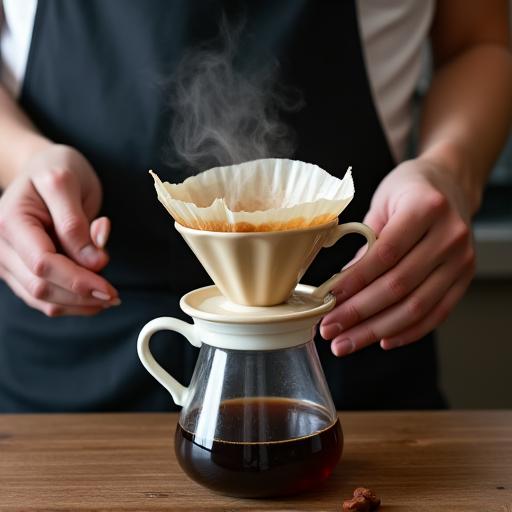A barista carefully preparing a pour-over coffee.